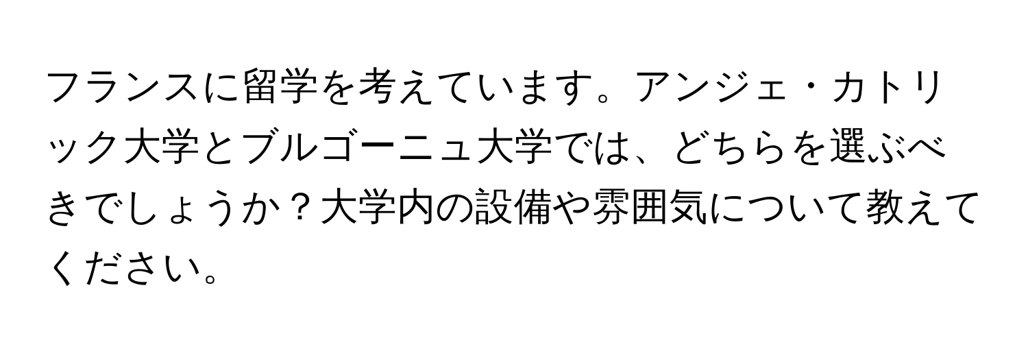 フランスに留学を考えています。アンジェ・カトリック大学とブルゴーニュ大学では、どちらを選ぶべきでしょうか？大学内の設備や雰囲気について教えてください。