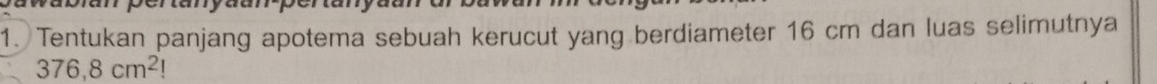 Tentukan panjang apotema sebuah kerucut yang berdiameter 16 cm dan luas selimutnya
376,8cm^2 I