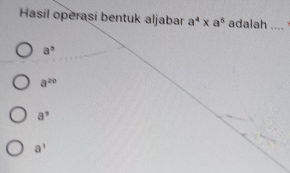 Hasil operasi bentuk aljabar a^4* a^5 adalah_
a^3
a^(20)
a^9
a^1