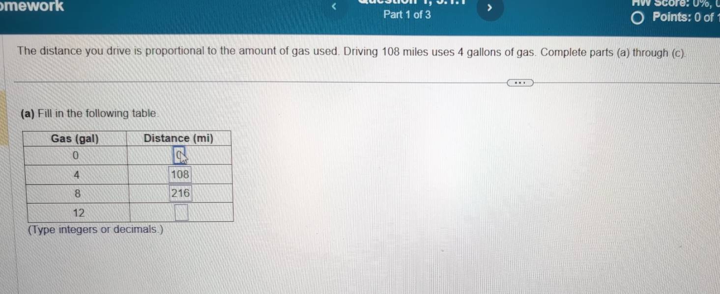 mework > AW Score: 0%, ( 
Part 1 of 3 Points: 0 of 1 
The distance you drive is proportional to the amount of gas used. Driving 108 miles uses 4 gallons of gas. Complete parts (a) through (c). 
(a) Fill in the following table. 
(Type integers or decimals.)