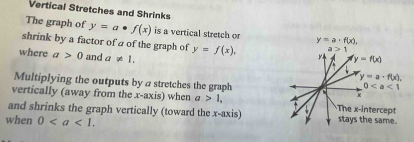 Vertical Stretches and Shrinks 
The graph of y=a· f(x) is a vertical stretch or
y=a· f(x), 
shrink by a factor of a of the graph of y=f(x),
a>1
where a>0 and a!= 1. 
y y=f(x)
A 
v
y=a· f(x), 
Multiplying the outputs by a stretches the graph
0
x
vertically (away from the x-axis) when a>1, The x-intercept 
^ 
and shrinks the graph vertically (toward the x-axis) stays the same. 
when 0.