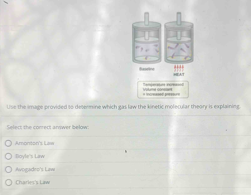 Solved: Temperature increased Volume constant = Increased pressure Use ...