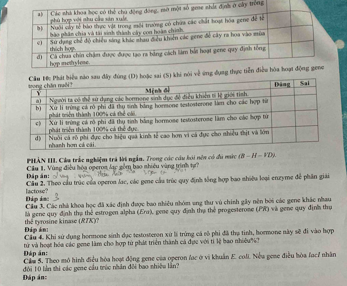 trống 
oặc sai (S) khi 
PHÀN III. Câu trắc nghiệm trả lời ngắn. Trong các câu hỏi nên có đủ mức (B-H-VD). 
Câu 1. Vùng điều hòa operon lạc gồm bao nhiêu vùng trình tự? 
Đáp án: 
Cầu 2. Theo cấu trúc của operon /ac, các gene cấu trúc quy định tổng hợp bao nhiêu loại enzyme để phân giải 
lactose? 
Đáp án: 
Câu 3. Các nhà khoa học đã xác định được bao nhiêu nhóm ung thư vú chính gây nên bởi các gene khác nhau 
là gene quy định thụ thể estrogen alpha (Era), gene quy định thụ thể progesterone (PR) và gene quy định thụ 
thể tyrosine kinase (RTK)? 
Đáp án: 
Câu 4. Khi sử dụng hormone sinh dục testosteron xử lí trứng cá rô phi đã thụ tinh, hormone này sẽ đi vào hợp 
tử và hoạt hóa các gene làm cho hợp tử phát triển thành cá đực với tỉ lệ bao nhiêu%? 
Đáp án: 
Câu 5. Theo mô hình điều hòa hoạt động gene của operon lạc ở vi khuẩn E. coli. Nếu gene điều hòa lạc/ nhân 
đôi 10 lần thi các gene cầu trúc nhân đôi bao nhiêu lần? 
Đáp án: