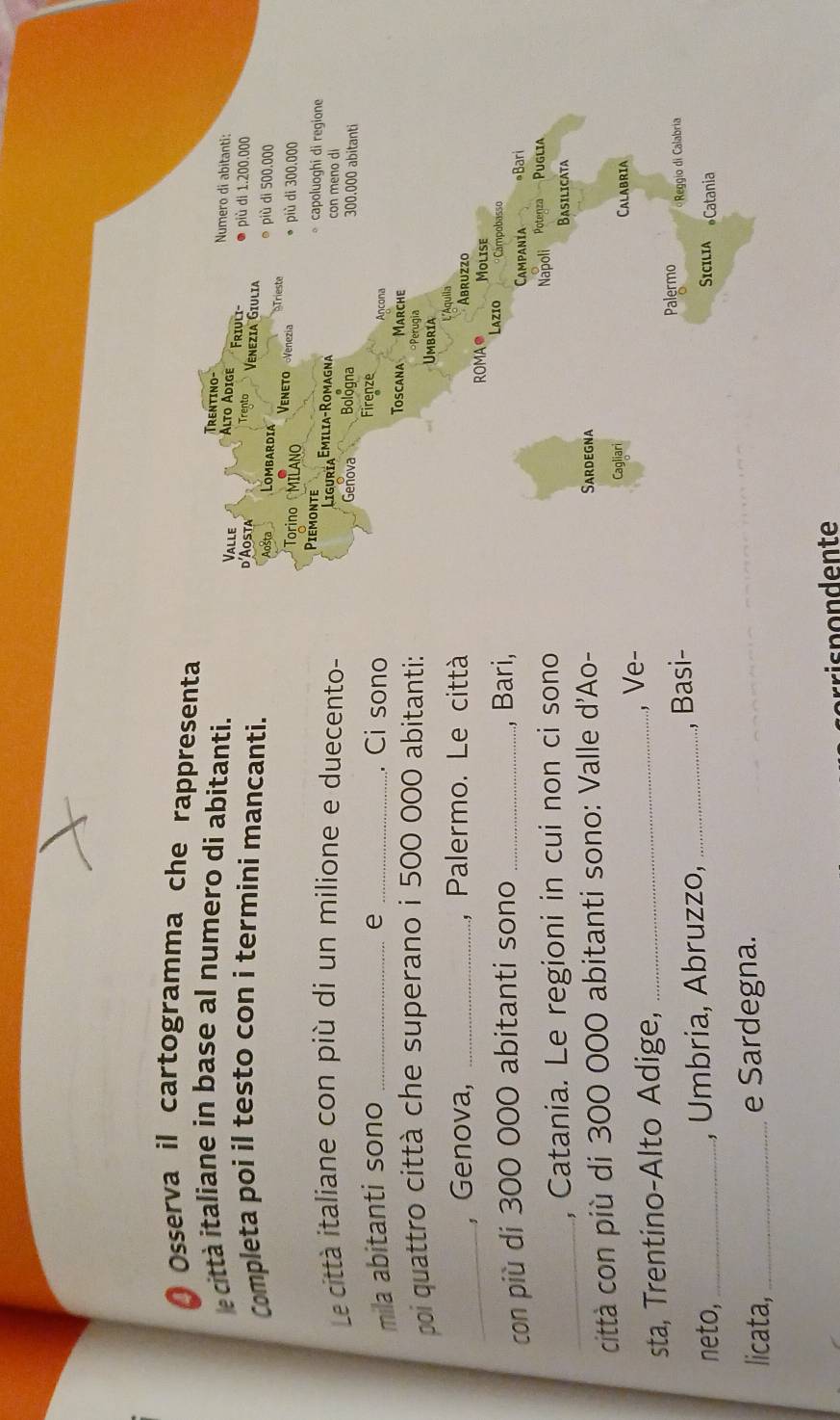 Osserva il cartogramma che rappresenta Trentino-
e città italiane in base al numero di abitanti. Friuli- pù di 1.200.000
Valle Alto Adige
Numero di abitanti:
Completa poi il testo con i termini mancanti.
d'Aosta Trento Venezia Giulia
Aošta Lombardia Trieste e più dì 500.000
VeneTo Venezia
Torino MILANO pù di 300.000
Piemonte capoluoghi di regione
Liguria Emilia-Romagna con meno di
Le città italiane con più di un milione e duecento- Genova Bologna 300.000 abitanti
mila abitanti sono _e _. Ci sono Firenze Ancona
poi quattro città che superano i 500 000 abitanti:
Toscana Marche
Perugia
Umbria
L'Áquiia
_, Genova, _, Palermo. Le città Abruzzo
ROMA● Molise
Lazio
con più di 300 000 abitanti sono _, Bari, Campobasso *Bari
Campania
Napoli Potenza Pugli
_, Catania. Le regioni in cui non ci sono Basilicata
città con più di 300 000 abitanti sono: Valle d'Ao- Sardegna
sta, Trentino-Alto Adige, _, Ve-
Cagliari Calabria
Palermo
neto, _, Umbria, Abruzzo, _, Basi- «Reggio di Calabria
SiciliA Catania
licata, _e Sardegna.
rrisp on dente