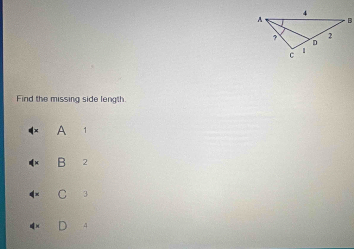 Find the missing side length. 
× A 1
× B 2
C 3
x 4