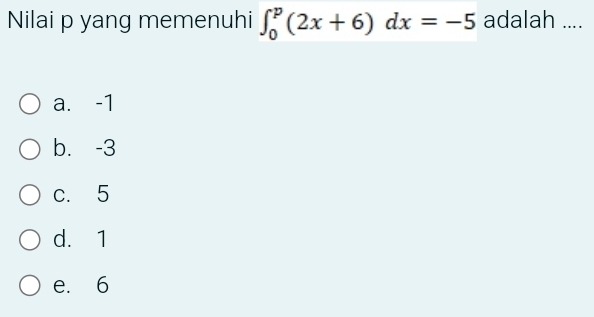 Nilai p yang memenuhi ∈t _0^p(2x+6)dx=-5 adalah ....
a. -1
b. -3
c. 5
d. 1
e. 6