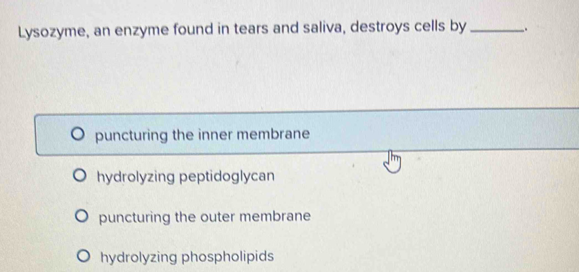 Lysozyme, an enzyme found in tears and saliva, destroys cells by_
.
puncturing the inner membrane
hydrolyzing peptidoglycan
puncturing the outer membrane
hydrolyzing phospholipids