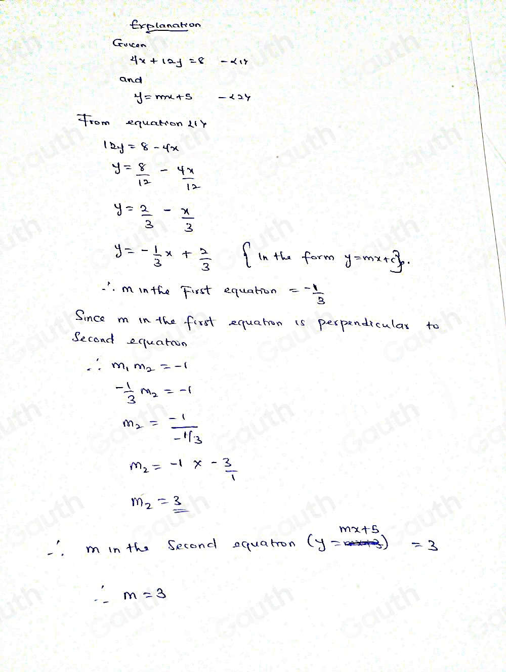 Solved: The graphs of 4x+12y=8 and y=mx+5 are perpendicular. What is ...