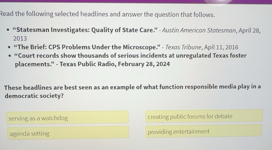 Solved: Read the following selected headlines and answer the question ...