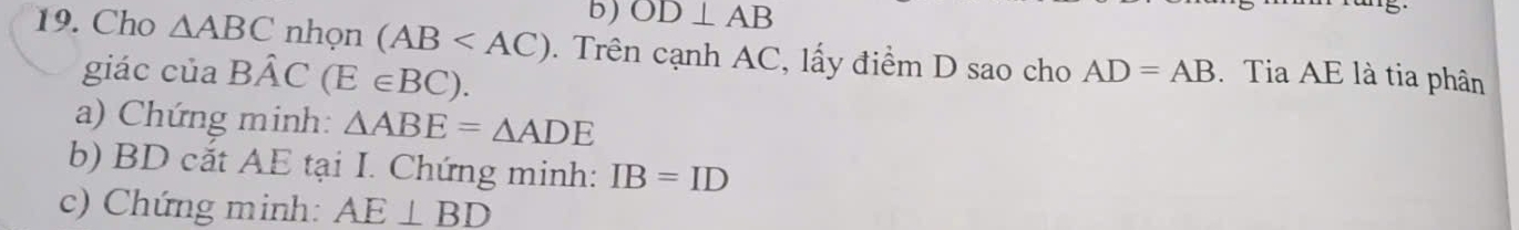 OD⊥ AB
19. Cho △ ABC nhọn (AB . Trên cạnh AC, lấy điểm D sao cho AD=AB. Tia AE là tia phân 
giác của Bhat AC(E∈ BC). 
a) Chứng minh: △ ABE=△ ADE
b) BD cắt AE tại I. Chứng minh: IB=ID
c) Chứng minh: AE⊥ BD