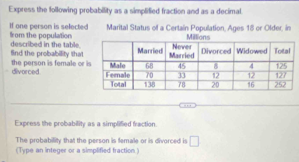 Express the following probability as a simplified fraction and as a decimal. 
If one person is selected Marital Status of a Certain Population, Ages 18 or Older, in 
from the population 
described in the table, 
find the probability that 
the person is female or 
divorced. 
Express the probability as a simplified fraction. 
The probability that the person is female or is divorced is 
(Type an integer or a simplified fraction.)