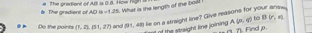 The gradient of AB is 0.8. How high is 
b The gradient of AD is -1.25. What is the length of the boat 
Do the points (1,2), (51,27) and (91,48) lie on a straight line? Give reasons for your answ 
f of the straight line joining A(p,q) to B(r,s), 
(37) . Find p.