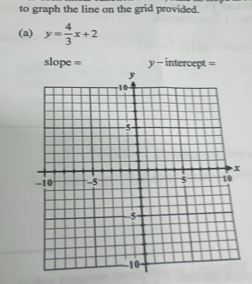 to graph the line on the grid provided. 
(a) y= 4/3 x+2
slope = y - intercept =