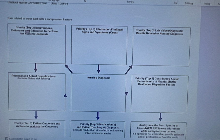 Student Name Chnstine Paul' Date 10Nk/24 Styles Editing Vasicer 
Pain reluted to lower back with a compression fracture 
Priority (Top 3) Interventions, Priority (Top 3) Information/Findings/ Priority (Top 3) Lab Values/Diagnostic 
Rationales and Education to Perform Signs and Symptoms (Cues) Results Related to Nursing Diagnosis 
for Nursing Diagnosis 
Potential and Actual Complications Nursing Diagnosis Priority (Top 3) Contributing Social 
(Include dietary risk factors) Determinants of Health (SDOH) 
Healthcare Disparities Factors 
Priority (Top 3) Patient Outcomes and Priority (Top 3) Medication(s) Care Identily how the Four Spheres of 
(AACN, 2019) were addressed 
Actions to evaluate the Outcomes and Patient Teaching r/t Diagnosis while caring for your patient. 
(Include medication side effects and nursing 
interventions for each) If a sphere is not applicable, provide rationale 
and'or exploration of how this could