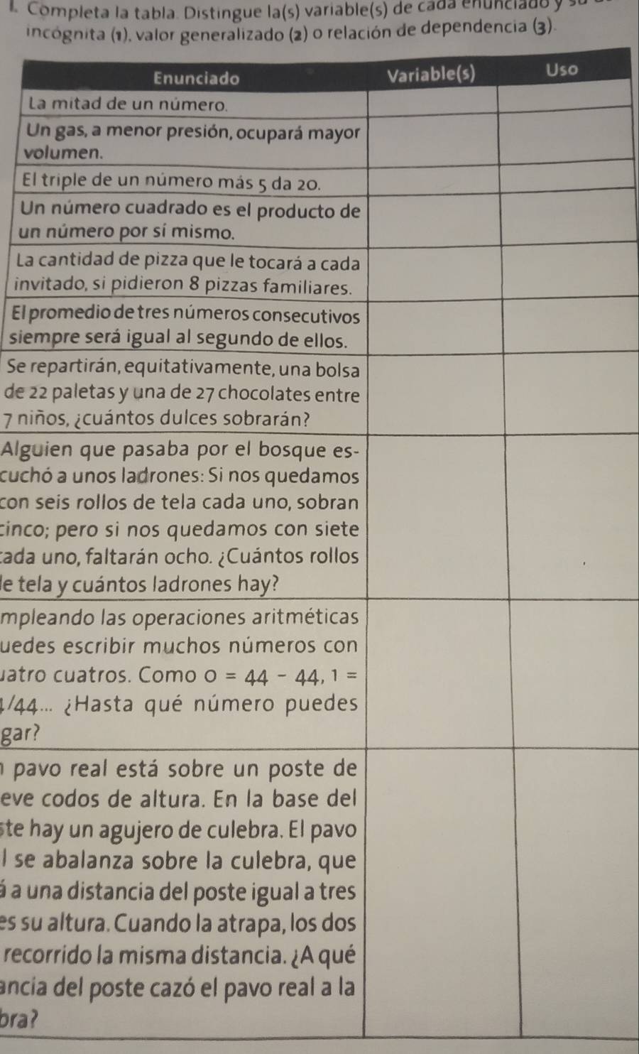 Completa la tabla. Distingue la(s) variable(s) de cada enunciado y s
incógnita (1), valor generalizado (2) o relación de dependencia (3).
La 
Un
vol
El t
Un 
un n
La c
invit
El pro
siem
Se rep
de 22 
7 niño
Algui
cuchó
con se
cinco;
cada u
de tela
implea
uedes
uatro 
¿/44..
gar?
a pav
eve c
ste ha
l se a
à a un
es su a
recor
ancia
braʔ