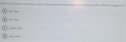 Which chart type is commonly used to visualize trends and patterns over time or across different categories?
A Bar chart
B Pie chart
C Scatter plot
D  Line chart