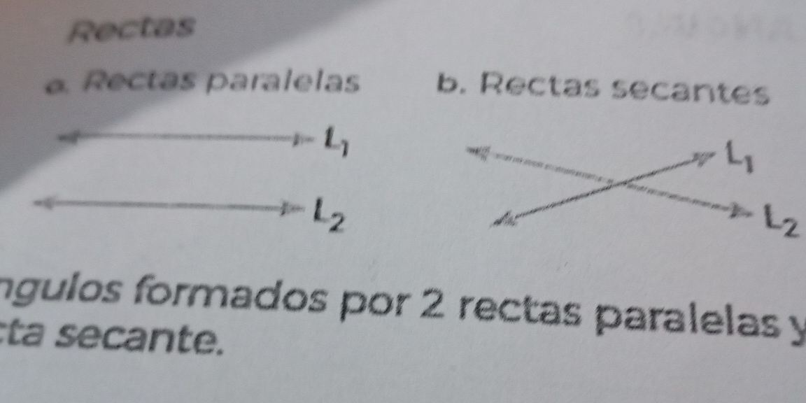 Rectas
a Rectas paralelas b. Rectas secantes
-a-L_1
L_2
L_2
íngulos formados por 2 rectas paralelas y
ta secante.