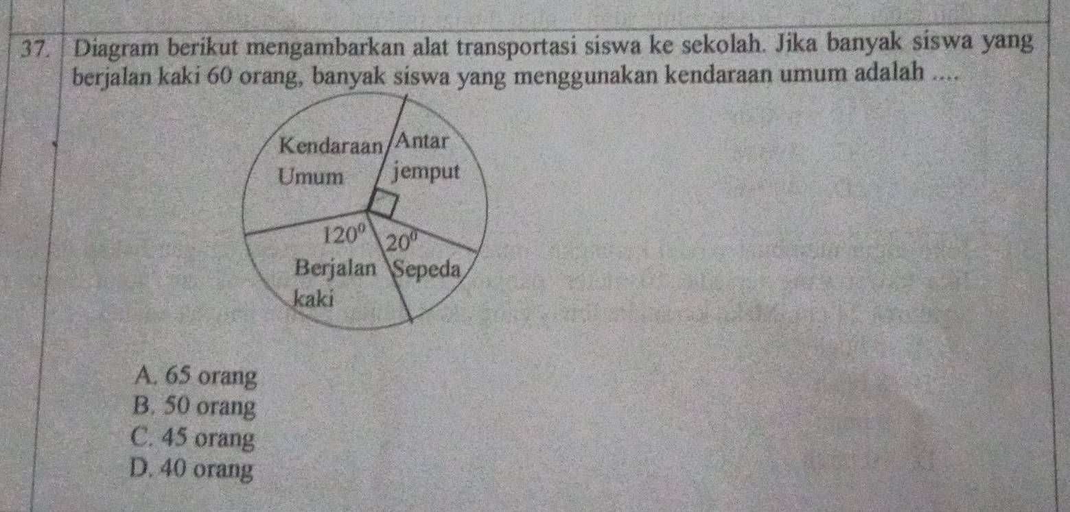 Diagram berikut mengambarkan alat transportasi siswa ke sekolah. Jika banyak siswa yang
berjalan kaki 60 orang, banyak siswa yang menggunakan kendaraan umum adalah ....
A. 65 orang
B. 50 orang
C. 45 orang
D. 40 orang