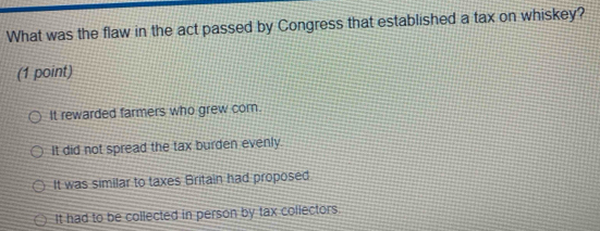 What was the flaw in the act passed by Congress that established a tax on whiskey?
(1 point)
It rewarded farmers who grew corn.
It did not spread the tax burden evenly.
It was similar to taxes Britain had proposed
It had to be collected in person by tax collectors.