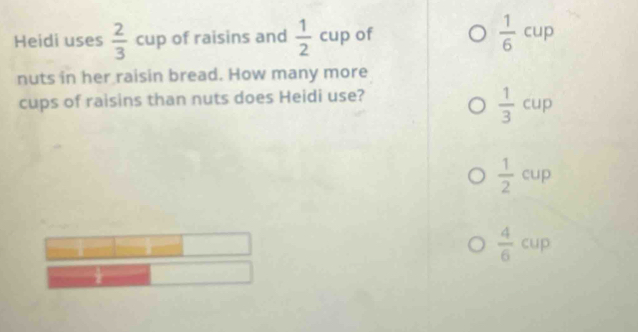 Heidi uses  2/3 cup of raisins and  1/2 cup of  1/6 cup
nuts in her raisin bread. How many more
cups of raisins than nuts does Heidi use?
 1/3  cup
 1/2  cup°
 4/6 cup