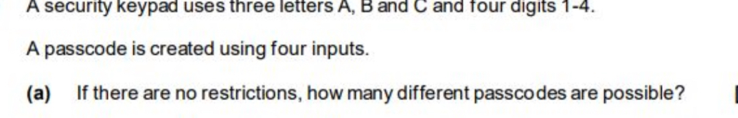 Solved: A security keypad uses three letters A, B and C and four digits ...