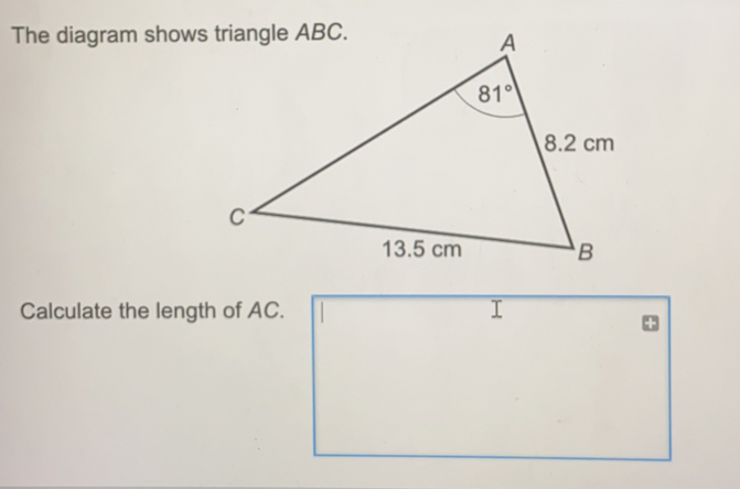 The diagram shows triangle ABC.
Calculate the length of AC.