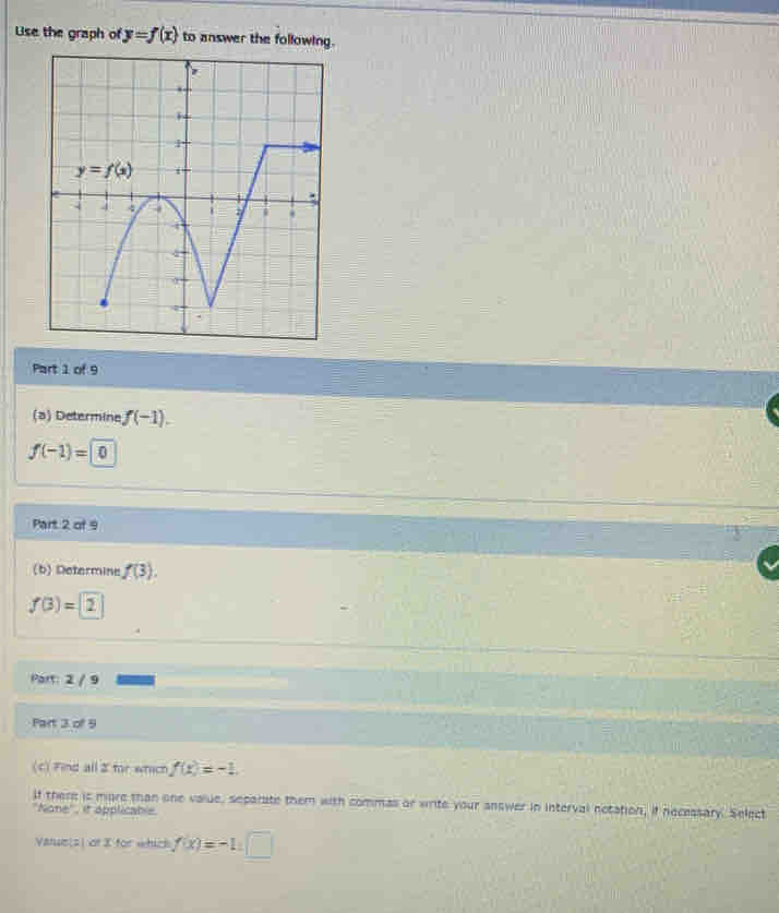 Use the graph of y=f(x) to answer the following.
Part 1 of 9
(a) Determine f(-1).
f(-1)=□ 0
Part 2 of 9
(b) Determine f(3).
f(3)=2
Part: 2 / 9
Part 3 of 9
(c) Find all Z for which f(x)=-1.
If there is more than one value, separate them with commas or write your answer in interval notation, if necessary. Select
''None'', it applicable
Vahue[s] O=3 for whick f(x)=-1.□