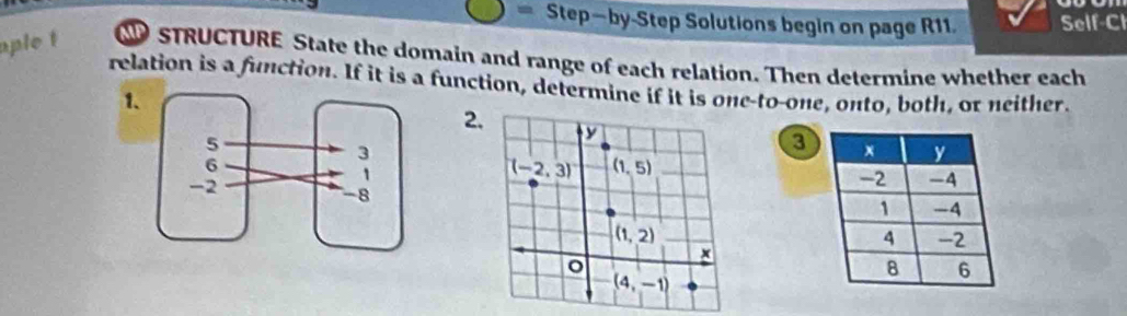 = Step—by-Step Solutions begin on page R11. Self-Cl
aple t D STRUCTURE State the domain and range of each relation. Then determine whether each
relation is a function. If it is a function, determine if it is one-to-one, onto, both, or neither.
1.
2
a