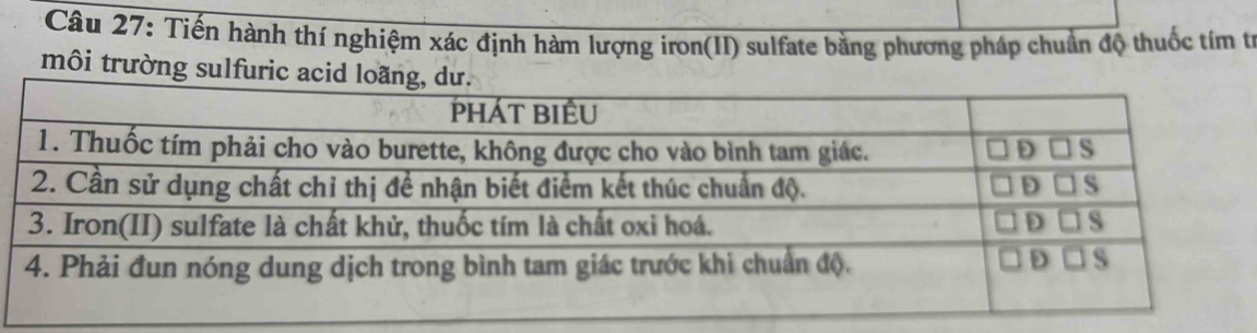 Tiến hành thí nghiệm xác định hàm lượng iron(II) sulfate bằng phương pháp chuẩn độ thuốc tím t 
môi trường sulfuric a