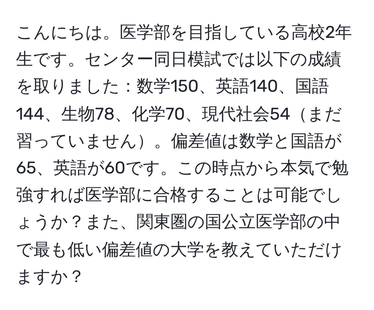 こんにちは。医学部を目指している高校2年生です。センター同日模試では以下の成績を取りました：数学150、英語140、国語144、生物78、化学70、現代社会54まだ習っていません。偏差値は数学と国語が65、英語が60です。この時点から本気で勉強すれば医学部に合格することは可能でしょうか？また、関東圏の国公立医学部の中で最も低い偏差値の大学を教えていただけますか？