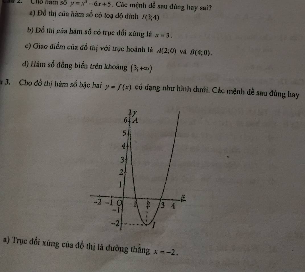 Chó hăm sở y=x^2-6x+5. Các mệnh dhat c sau đúng hay sai?
a) Đồ thị của hàm số có toạ độ đình I(3;4)
b) Đồ thị của hàm số có trục đổi xứng là x=3.
c) Giao điểm của đồ thị với trục hoành là A(2;0) và B(4;0).
d) Hàm số đồng biến trên khoảng (3;+∈fty )
1 3. Cho đồ thị hàm số bậc hai y=f(x) có dạng như hình dưới. Các mệnh đề sau đúng hay
a) Trục đối xứng của đồ thị là dường thắng x=-2.