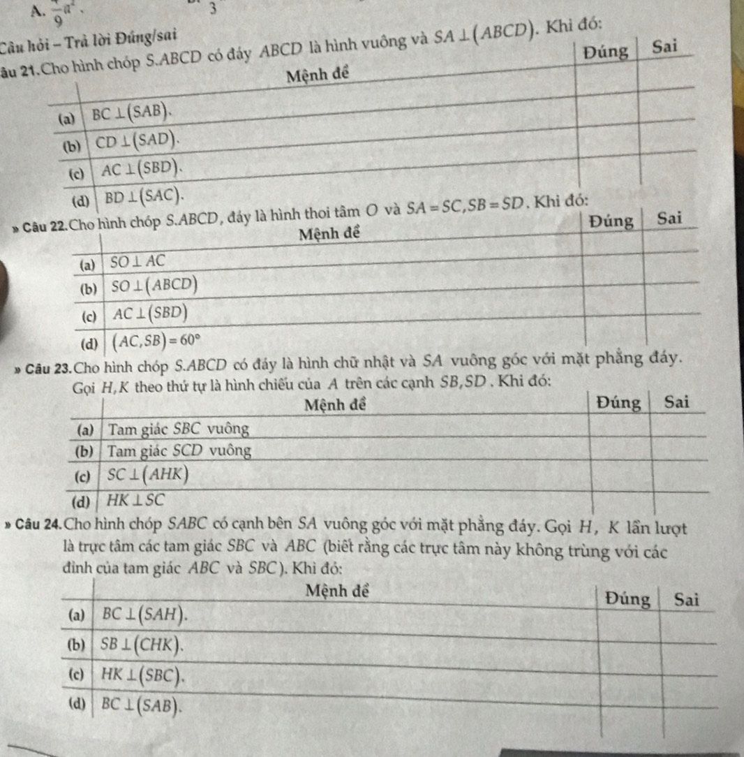 frac 9a^2.
3
C
ầ. Khi đó:
*
Câu 23.Cho hình chóp S.ABCD có đáy là hình chữ nhật và SA vuông góc với mặt phẳng đáy.
iếu của A trên các cạnh SB,SD . Khi đó:
# Câu 24.Cho hình chóp SABC có cạnh bên SA vuông góc với mặt phẳng đáy. Gọi H, K lần lượt
là trực tâm các tam giác SBC và ABC (biết rằng các trực tâm này không trùng với các
đình của tam giác ABC và SBC ). Khi đó: