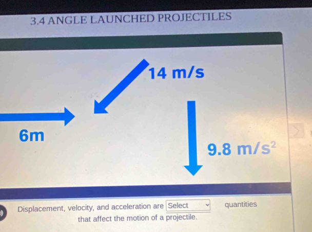 3.4 ANGLE LAUNCHED PROJECTILES
Displacement, velocity, and acceleration are Select quantities
that affect the motion of a projectile.