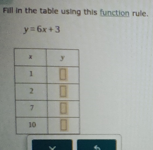 Fill in the table using this function rule.
y=6x+3
V
6