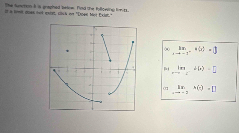 The function a is graphed below. Find the following limits.
If a limilt does not exist, click on "Does Not Exist."
(a) limlimits _xto -2^+h(x)=□
(b) limlimits _xto -2^-h(x)=□
(c) limlimits _xto -2h(x)=□