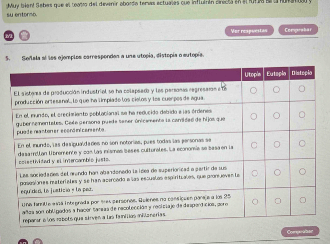 Muy bien! Sabes que el teatro del devenir aborda temas actuales que influirán directa en el futuró de la humanidad y 
su entorno. 
2/2 Ver respuestas Comprobar 
5. Señala si los ejemplos corresponden a una utopía, distopía o eutopía. 
Compr