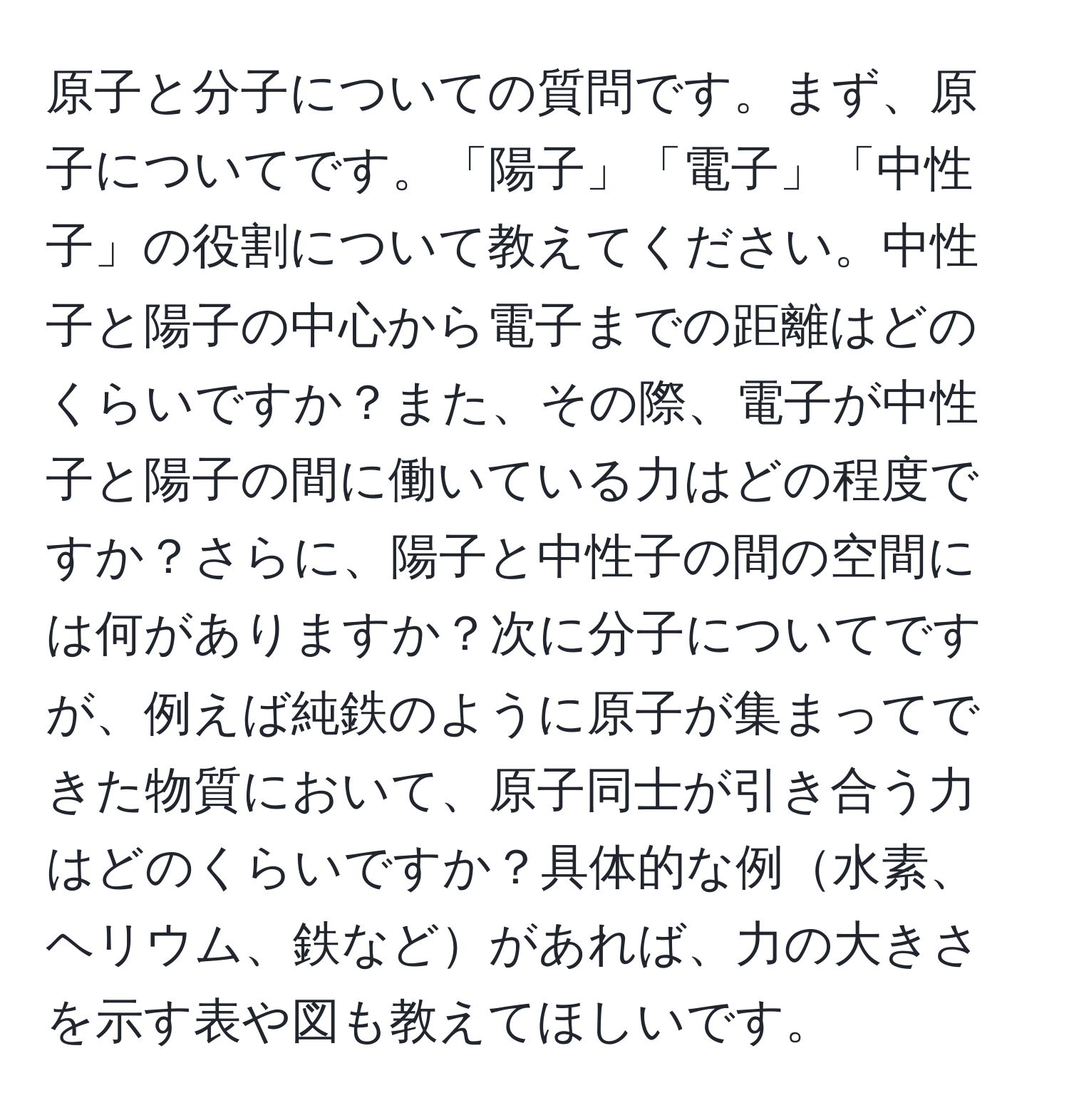 原子と分子についての質問です。まず、原子についてです。「陽子」「電子」「中性子」の役割について教えてください。中性子と陽子の中心から電子までの距離はどのくらいですか？また、その際、電子が中性子と陽子の間に働いている力はどの程度ですか？さらに、陽子と中性子の間の空間には何がありますか？次に分子についてですが、例えば純鉄のように原子が集まってできた物質において、原子同士が引き合う力はどのくらいですか？具体的な例水素、ヘリウム、鉄などがあれば、力の大きさを示す表や図も教えてほしいです。