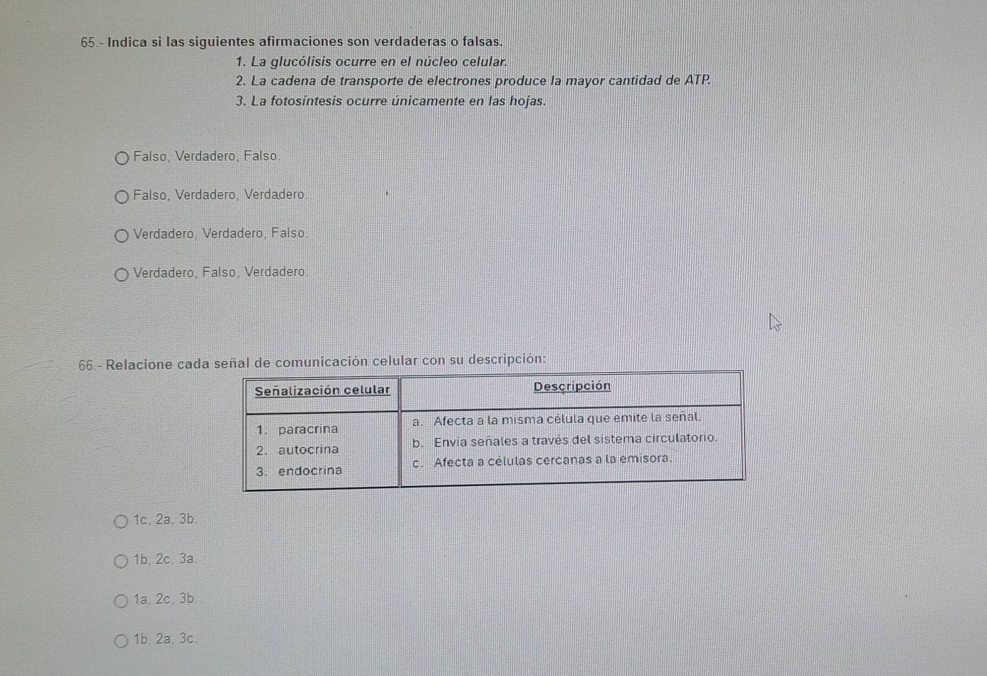 Indica si las siguientes afirmaciones son verdaderas o falsas.
1. La glucólisis ocurre en el núcleo celular.
2. La cadena de transporte de electrones produce la mayor cantidad de ATP.
3. La fotosíntesis ocurre únicamente en las hojas.
Falso, Verdadero, Falso.
Falso, Verdadero, Verdadero
Verdadero, Verdadero, Falso.
Verdadero, Falso, Verdadero
66.- Relacione cada señal de comunicación celular con su descripción:
1c, 2a, 3b.
1b. 2c, 3a.
1a 2c 3b.
1b, 2a, 3c.