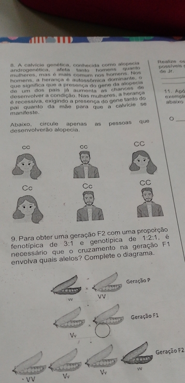 A calvície genética, conhecida como alopecia Realize os 
androgenética, afeta tanto homens quanto 
mulheres, mas é mais comum nos homens. Nos possíveis de Jr. 
homens, a herança é autossômica dominante, o 
_ 
que significa que a presença do gene da alopecia_ 
de um dos pais já aumenta as chances de 
desenvolver a condição. Nas mulheres, a herança 11. Apó 
é recessiva, exigindo a presença do gene tanto do exempl 
pai quanto da mãe para que a calvície se abaíxo 
manifeste. 
Abaixo, circule apenas as pessoas que 
_ 
desenvolverão alopecia. 
CC CC CC 
Cc 
Cc CC 
9. Para obter uma geração F2 com uma proporção 
fenotípica de 3:1 e genotípica de 1:2:1 , é 
necessário que o cruzamento na geração F1 
envolva quais alelos? Complete o diagrama. 
Geração P 
w 
VV 
Geração F1
V_v
Geração F2 
VV V_v V_v w