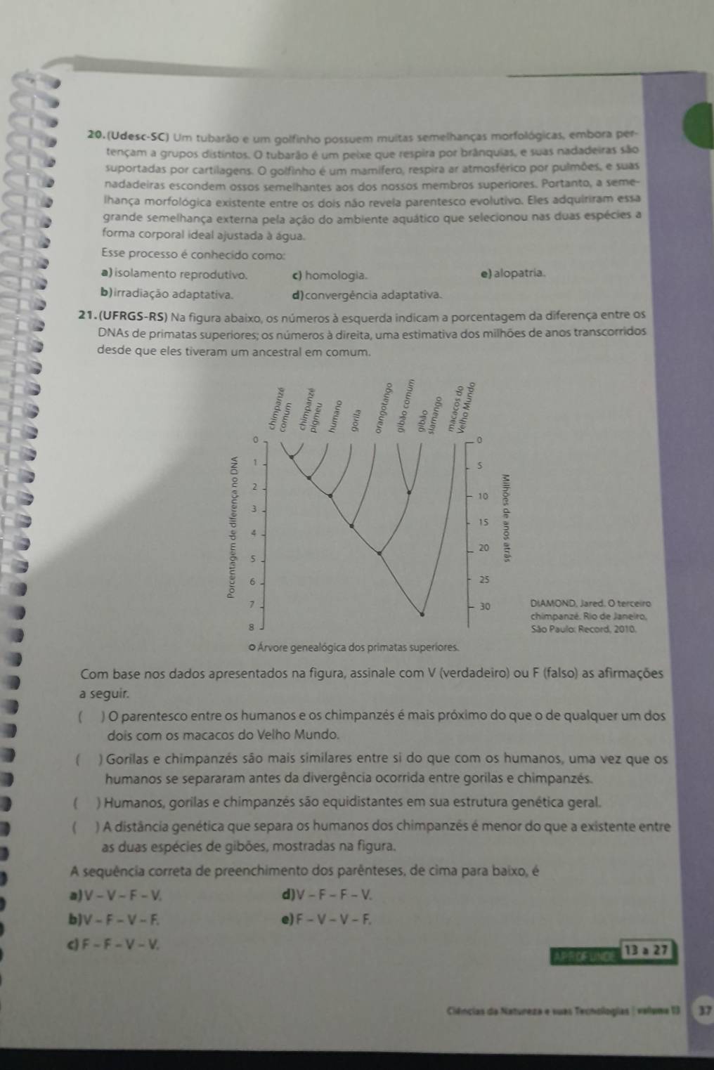 (Udesc-SC) Um tubarão e um golfinho possuem muitas semelhanças morfológicas, embora per-
tençam a grupos distintos. O tubarão é um peixe que respira por brânquias, e suas nadadeiras são
suportadas por cartilagens. O golfinho é um mamífero, respira ar atmosférico por pulmões, e suas
nadadeiras escondem ossos semelhantes aos dos nossos membros superiores. Portanto, a seme-
lhança morfológica existente entre os dois não revela parentesco evolutivo. Eles adquiriram essa
grande semelhança externa pela ação do ambiente aquático que selecionou nas duas espécies a
forma corporal ideal ajustada à água.
Esse processo é conhecido como:
a) isolamento reprodutivo. c) homologia. e) alopatria.
b)irradiação adaptativa. d)convergência adaptativa.
21. (UFRGS-RS) Na figura abaixo, os números à esquerda indicam a porcentagem da diferença entre os
DNAs de primatas superiores; os números à direita, uma estimativa dos milhões de anos transcorridos
desde que eles tiveram um ancestral em comum.
E
3 j
0
5
2
10
3
15
4
20 a
5
6
25
7 DIAMOND, Jared. O terceiro
30
chimpanzé. Rio de Janeiro,
8 São Paulo: Record, 2010.
O Árvore genealógica dos primatas superiores.
Com base nos dados apresentados na figura, assinale com V (verdadeiro) ou F (falso) as afirmações
a seguir.
 ) O parentesco entre os humanos e os chimpanzês é mais próximo do que o de qualquer um dos
dois com os macacos do Velho Mundo.
 ) Gorilas e chimpanzés são mais similares entre si do que com os humanos, uma vez que os
humanos se separaram antes da divergência ocorrida entre gorilas e chimpanzés.
( ) Humanos, gorilas e chimpanzês são equidistantes em sua estrutura genética geral.
( ) A distância genética que separa os humanos dos chimpanzês é menor do que a existente entre
as duas espécies de gibões, mostradas na figura.
A sequência correta de preenchimento dos parênteses, de cima para baixo, é
a) V - V ~ F - V d) V-F-F-V.
b)V ~ F ~ V - F. e) F-V-V-F.
c) F ~ F - V - V.
APROF LINCE 13a27
Ciências da Natureza e suas Techologias | valuma 13 37