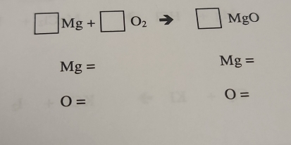 □ Mg+□ O_2 □ MgO
Mg=
Mg=
O=
O=