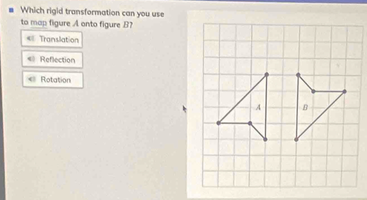 Which rigid transformation can you use
to map figure A onto figure B?
Translation
Reflection
Rotation