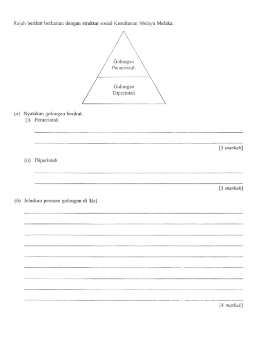 Rajah berikut berkaitan dengan struktur sosial Kesultanan Melayu Melaka. 
(α) Nyatakan golongan berikut. 
(i) Pemerintah 
_ 
_ 
[1 markah] 
(ii) Diperintah 
_ 
_ 
[1 markah] 
(b) Jelaskan peranan golongan di 1(a). 
_ 
_ 
_ 
_ 
_ 
_ 
_ 
_ 
_ 
[4 markak]
