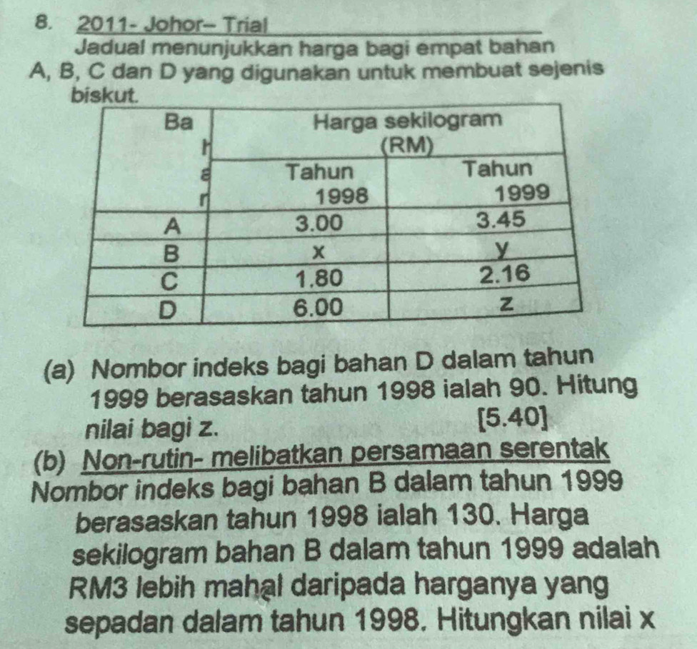 2011- Johor- Trial 
Jadual menunjukkan harga bagi empat bahan
A, B, C dan D yang digunakan untuk membuat sejenis 
biskut 
(a) Nombor indeks bagi bahan D dalam tahun 
1999 berasaskan tahun 1998 ialah 90. Hitung 
nilai bagi z. [5.40] 
(b) Non-rutin- melibatkan persamaan serentak 
Nombor indeks bagi bahan B dalam tahun 1999 
berasaskan tahun 1998 ialah 130. Harga 
sekilogram bahan B dalam tahun 1999 adalah
RM3 lebih mahal daripada harganya yang 
sepadan dalam tahun 1998. Hitungkan nilai x