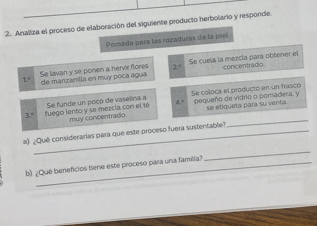 Analiza el proceso de elaboración del siguiente producto herbolario y responde. 
Pomada para las rozaduras de la piel 
Se lavan y se ponen a hervir flores 2.^circ  Se cuela la mezcla para obtener el
1.^circ  de manzanilla en muy poca agua. concentrado. 
Se funde un poco de vaselina a Se coloca el producto en un frasco 
_
3.^circ  fuego lento y se mezcla con el té 4.^circ  pequeño de vidrio o pomadera, y 
se etiqueta para su venta. 
muy concentrado. 
a) ¿Qué considerarías para que este proceso fuera sustentable? 
b) ¿Qué beneficios tiene este proceso para una familia? 
_