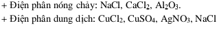 + Điện phân nóng chảy: NaCl, CaCl_2, Al_2O_3. 
+ Điện phân dung dịch: CuCl_2, ,CuSO_4, AgNO_3 , NaCl