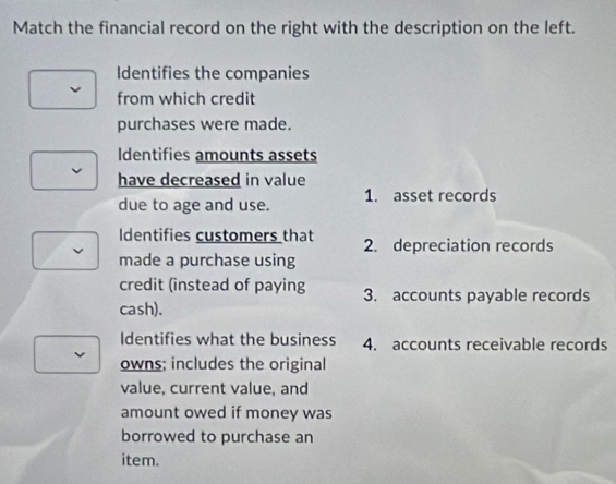 Match the financial record on the right with the description on the left.
Identifies the companies
from which credit
purchases were made.
Identifies amounts assets
have decreased in value
due to age and use. 1. asset records
Identifies customers that 2. depreciation records
made a purchase using
credit (instead of paying 3. accounts payable records
cash).
Identifies what the business 4. accounts receivable records
owns; includes the original
value, current value, and
amount owed if money was
borrowed to purchase an
item.