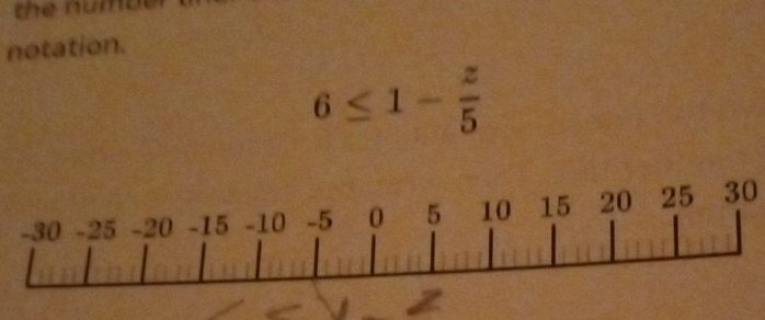 the numbe 
notation.
6≤ 1- z/5 
30