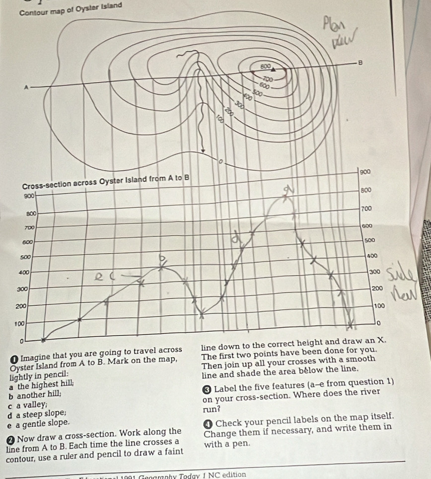 Contour map of Oyster Island 
1 Imagine that you are going to travel across line 
Oyster Island from A to B. Mark on the map, The first two points have been done for you. 
lightly in pencil: Then join up all your crosses with a smooth 
line and shade the area below the line. 
a the highest hill; 
b another hill; Label the five features (a-e from question 1) 
c a valley; on your cross-section. Where does the river 
d a steep slope; run? 
e a gentle slope. 
4 Check your pencil labels on the map itself. 
2 Now draw a cross-section. Work along the Change them if necessary, and write them in 
line from A to B. Each time the line crosses a with a pen. 
contour, use a ruler and pencil to draw a faint 
Geography Todav 1 NC edition