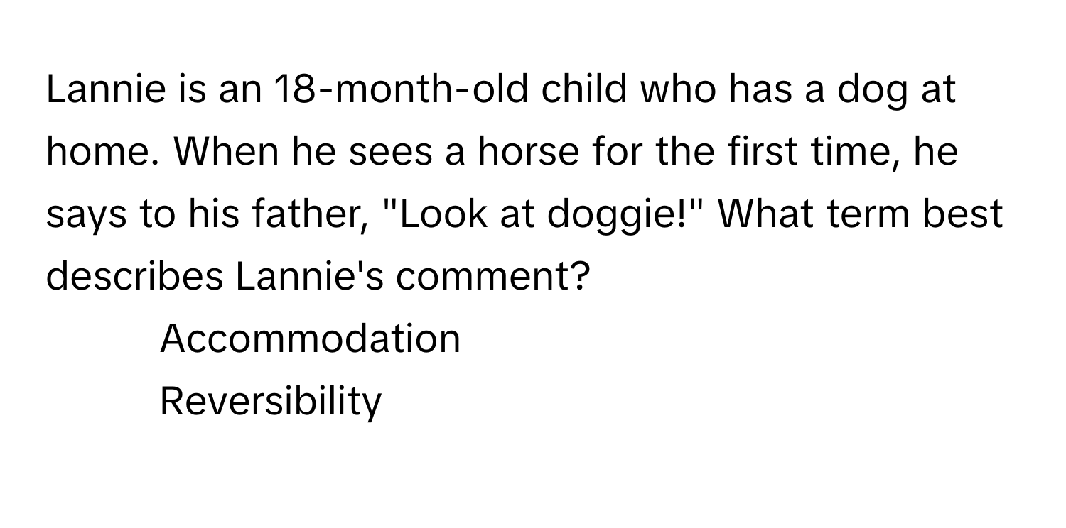 Lannie is an 18-month-old child who has a dog at home. When he sees a horse for the first time, he says to his father, "Look at doggie!" What term best describes Lannie's comment?

1) Accommodation 
2) Reversibility